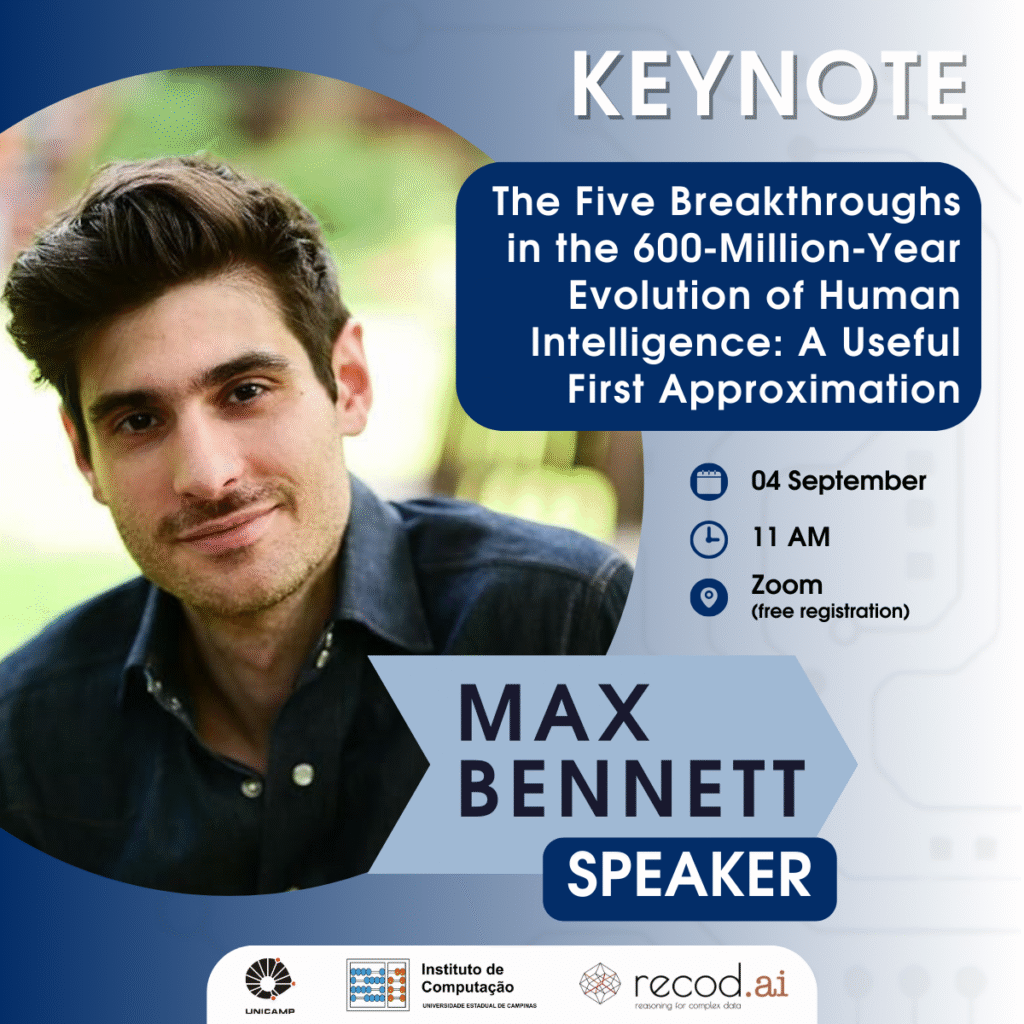 A imagem mostra Max Bennett, homem branco de cabelo curto. A postagem é referente ao keynote que ele vai ministrar no dia 04/09 via Zoom