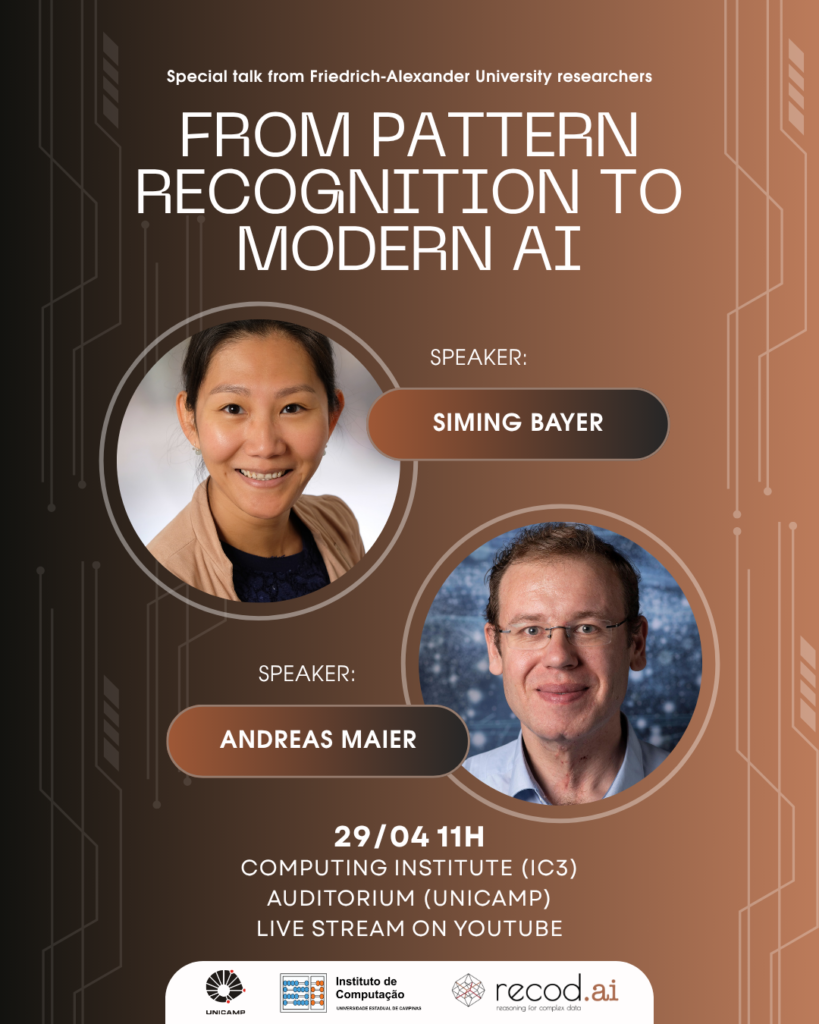 A imagem é referente à palestra From Pattern Recognition to Modern AI dos pesquisadores Prof. Andreas Maier e Dra. Siming Bayer do Pattern Recognition Lab da Friedrich-Alexander University